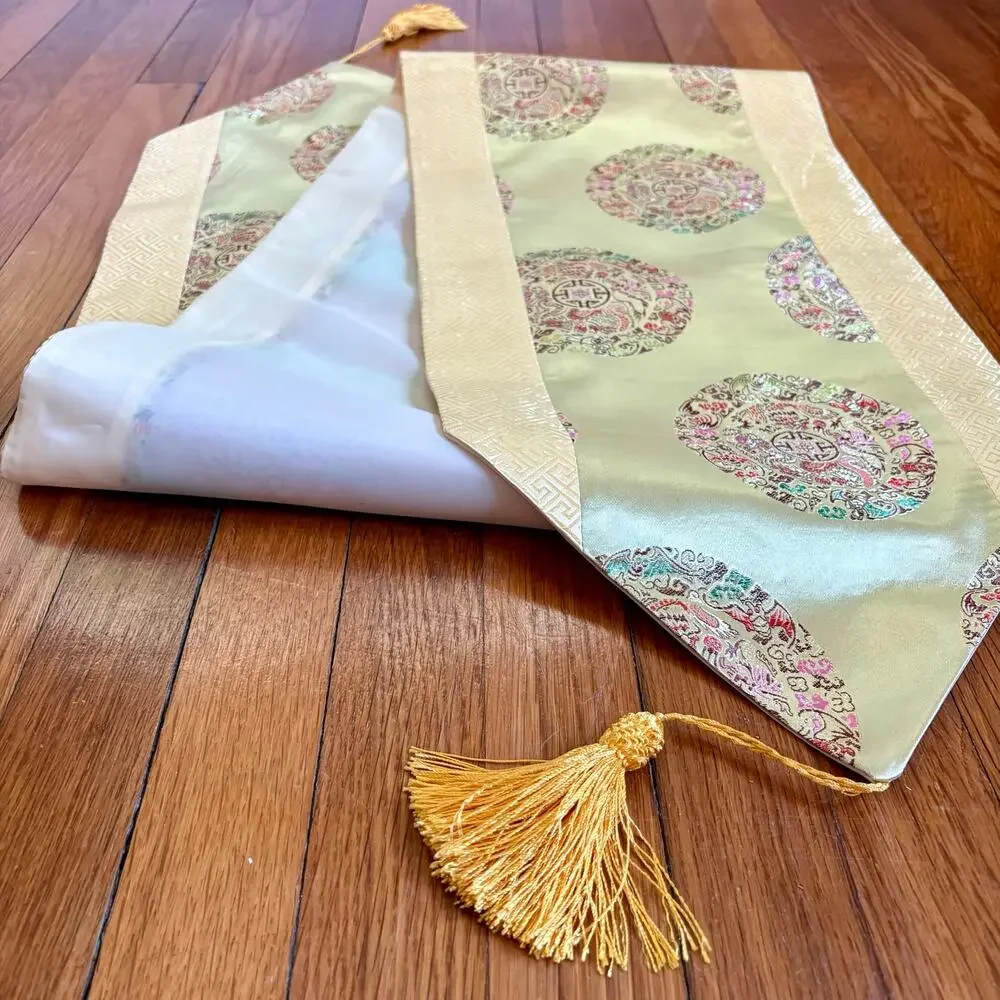 Vintage Asian Silk Brocade Table Runner Gold Tassels Chinoiserie